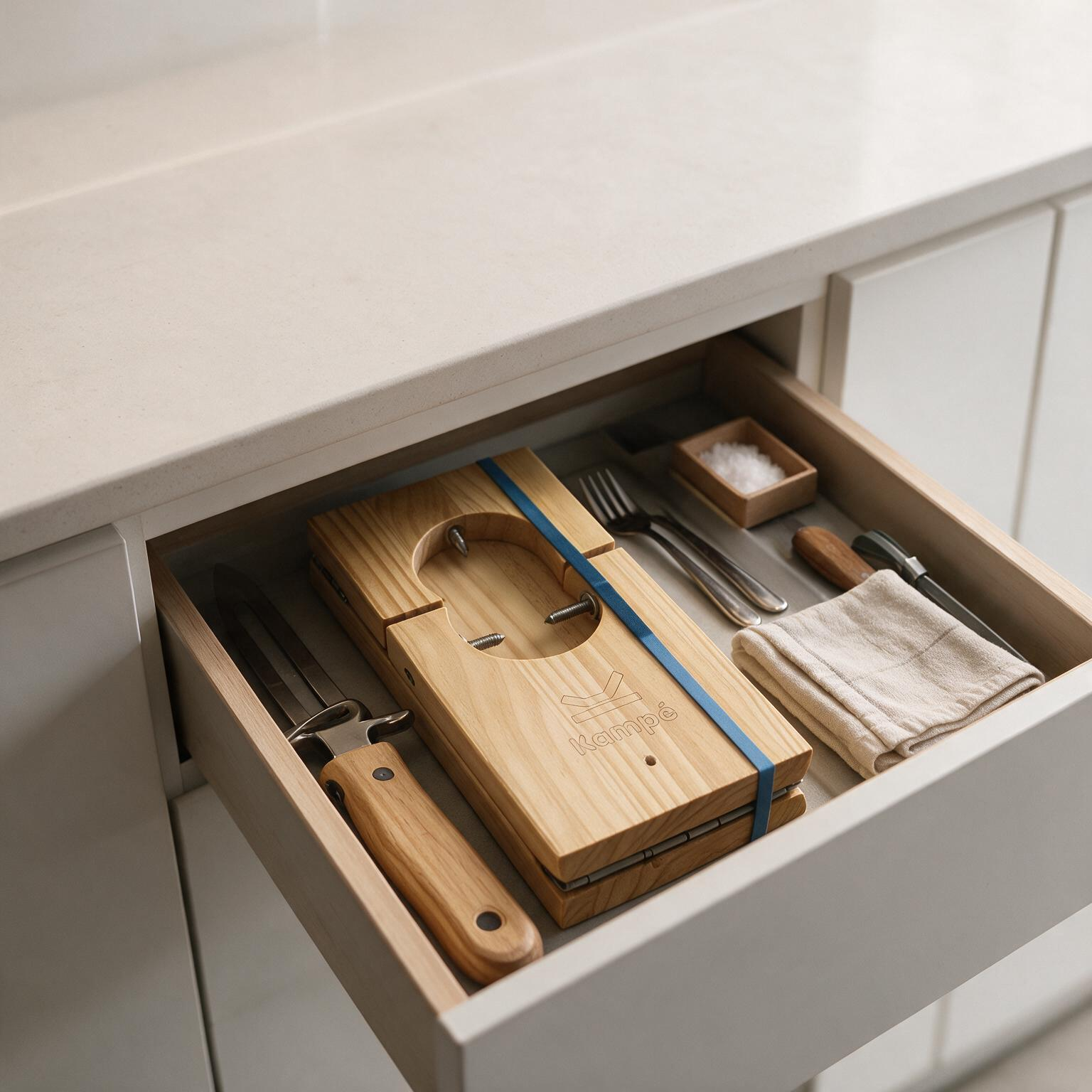 jamonero Kampé plegado guardado en un cajón de cocina