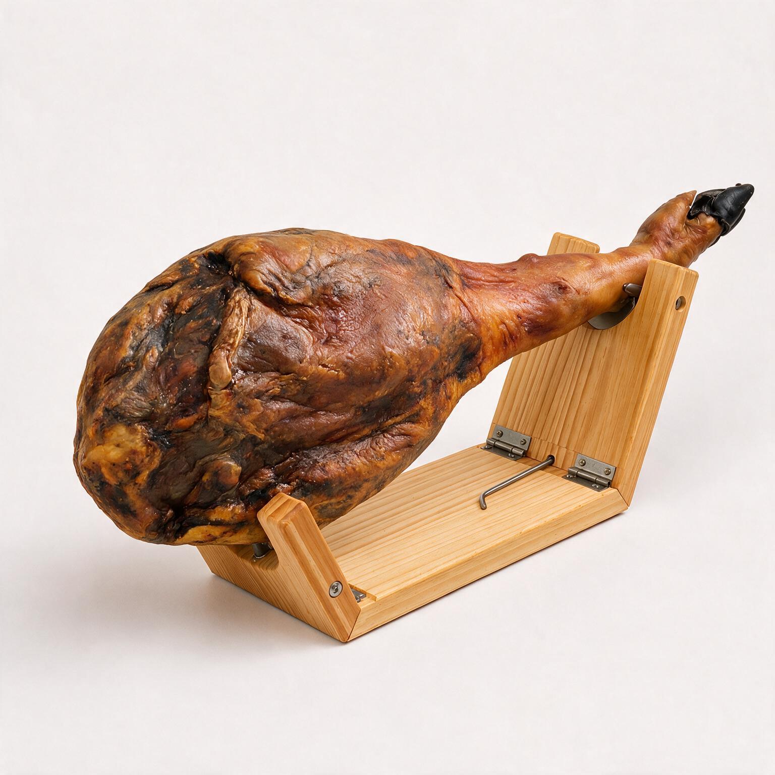Jamón sujeto y listo para cortar sobre el jamonero plegable Kampé
