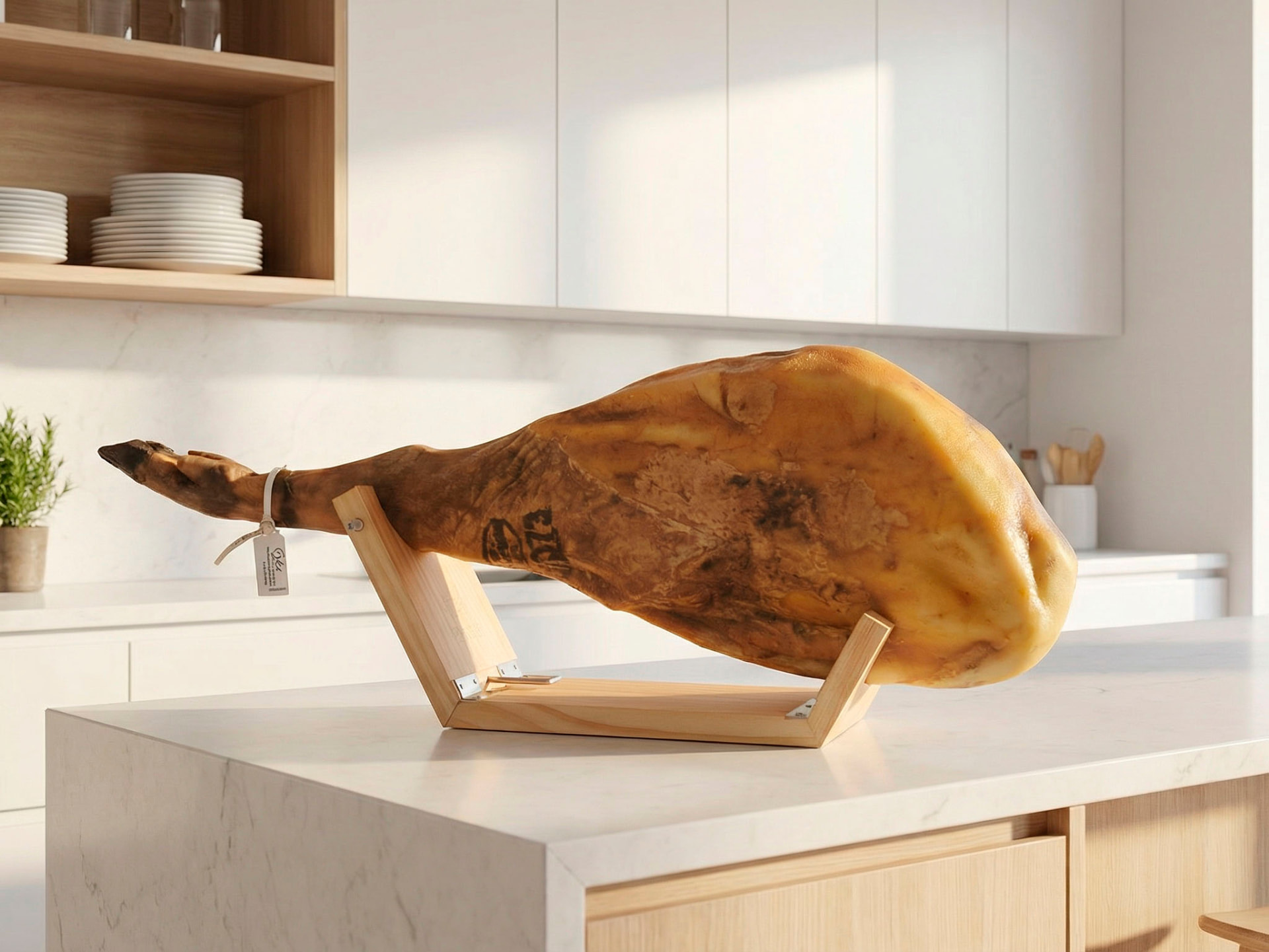 Jamón colocado sobre el jamonero plegable Kampé desplegado en una cocina