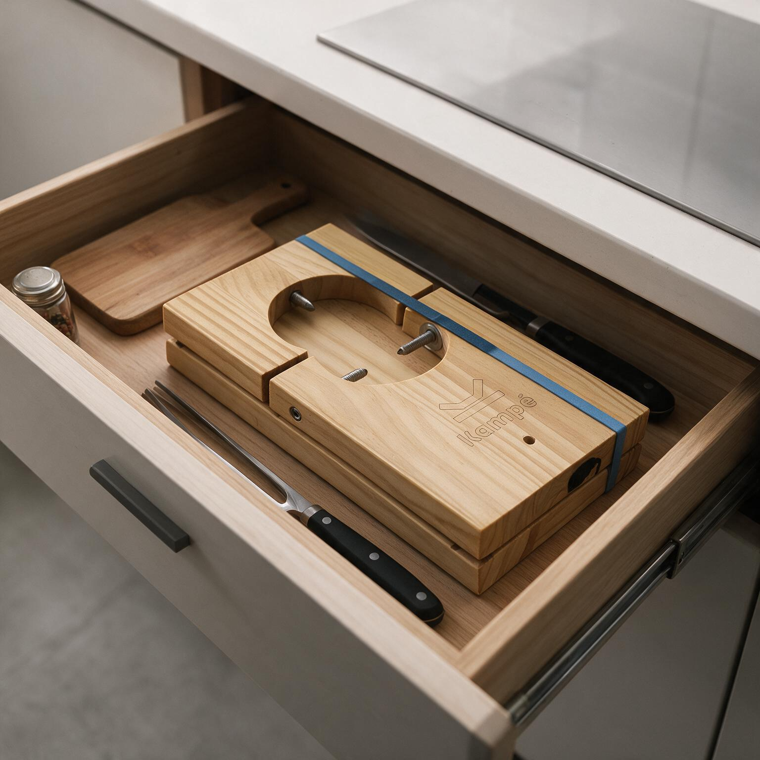 Jamonero plegable Kampé plegado guardado en un cajón de cocina