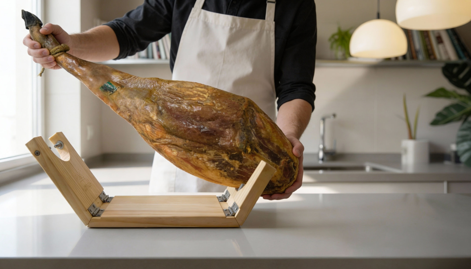 Colocando una pieza de jamón en el jamonero plegable Kampé
