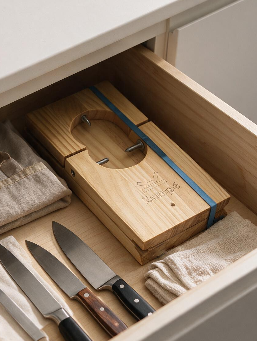 Jamonero plegable Kampé plegado dentro de un cajón de cocina junto a los cuchillos