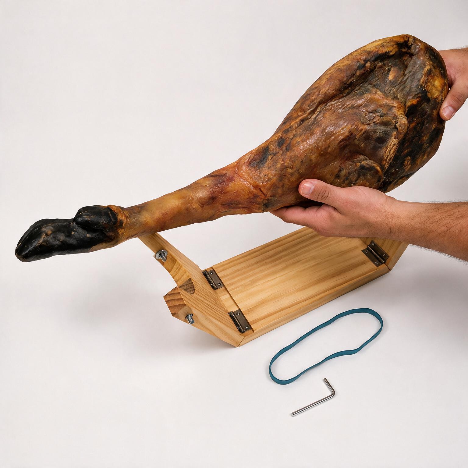 Colocando una pieza de jamón sobre el jamonero plegable Kampé