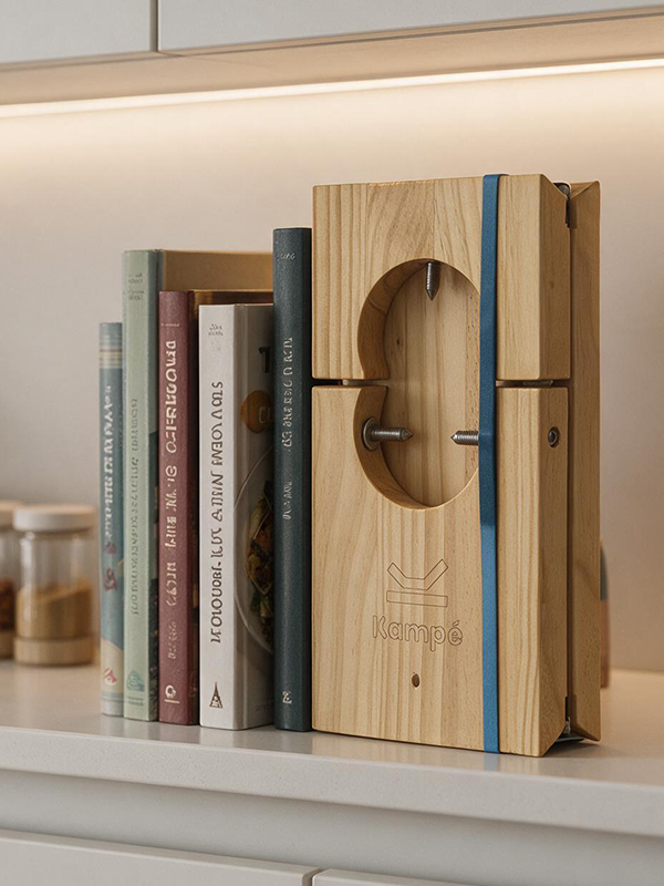 Jamonero plegable Kampé en una estantería junto a libros de cocina