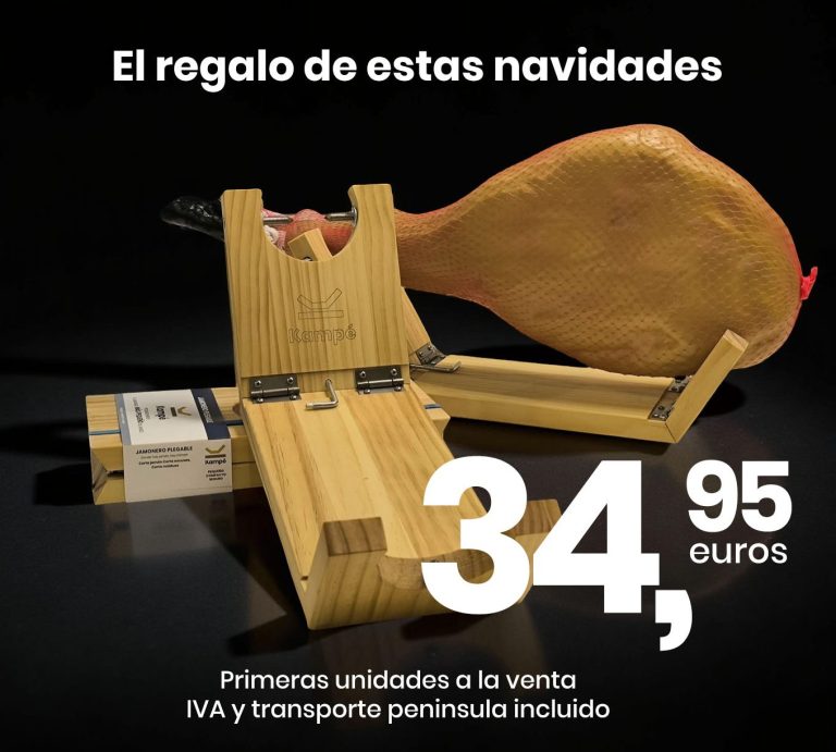 El mejor regalo para estas navidades Bodegón de jamoneros plegables con precio 34,95 euros y texto de promoción navideña.